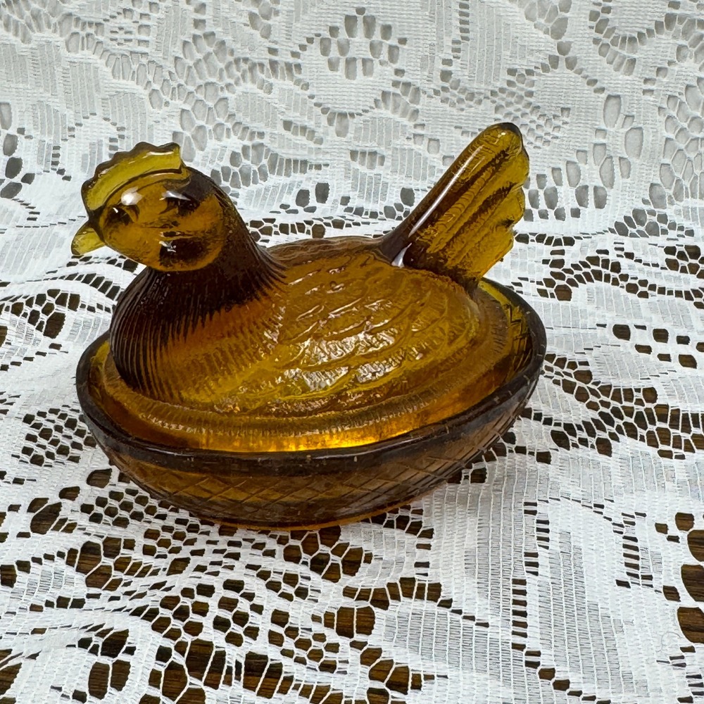 Amber Glass Hen on Nest Trinket Dish Vintage Style Chicken Basket Made in Taiwan